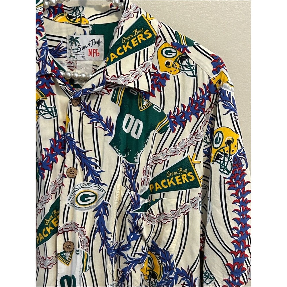 Vintage Sun & Turf Green Bay Packers Hawaiian Shirt XL All Over Print Rayon NFL